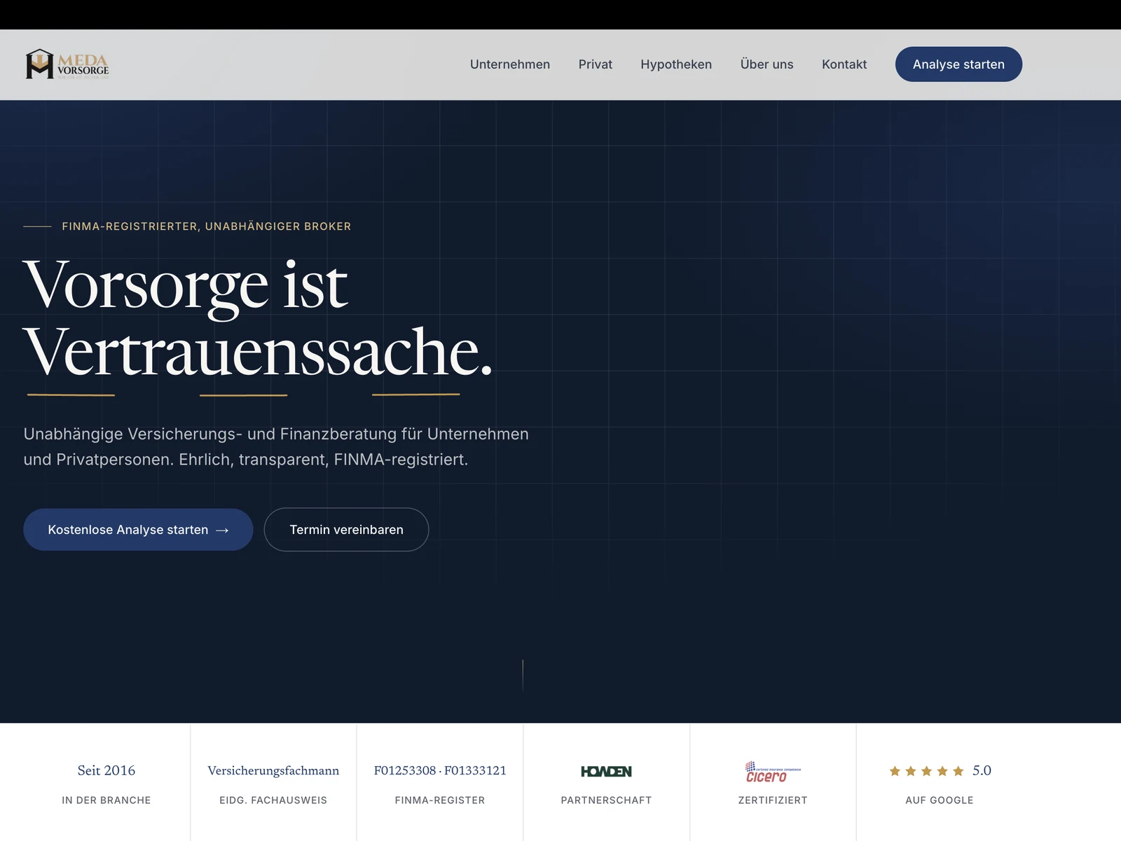 Screenshot der Website von Meda Vorsorge